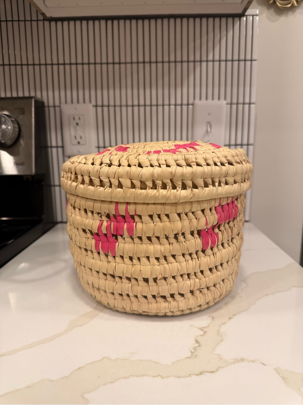 Handwoven Straw Lidded Storage Basket with Pink Accents